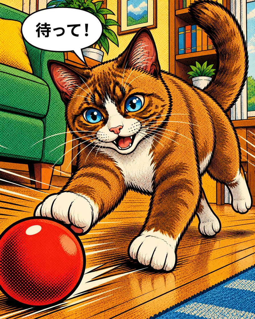 茶白の猫が赤いボールへ前足を伸ばし、後ろ脚の一本を上げている。吹き出しは「待って!」。