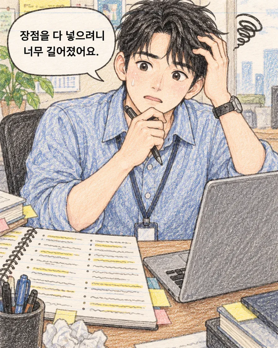 노트와 노트북 앞에서 초안이 길어졌다고 말하는 가상 마케터