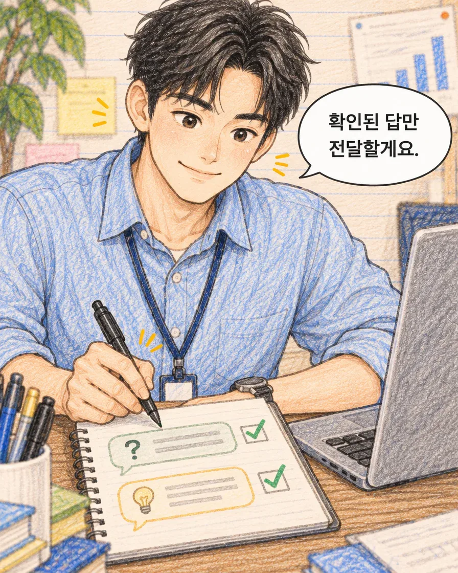 질문과 답을 정리한 노트를 들고 확인된 답만 전달하겠다고 말하는 마케터