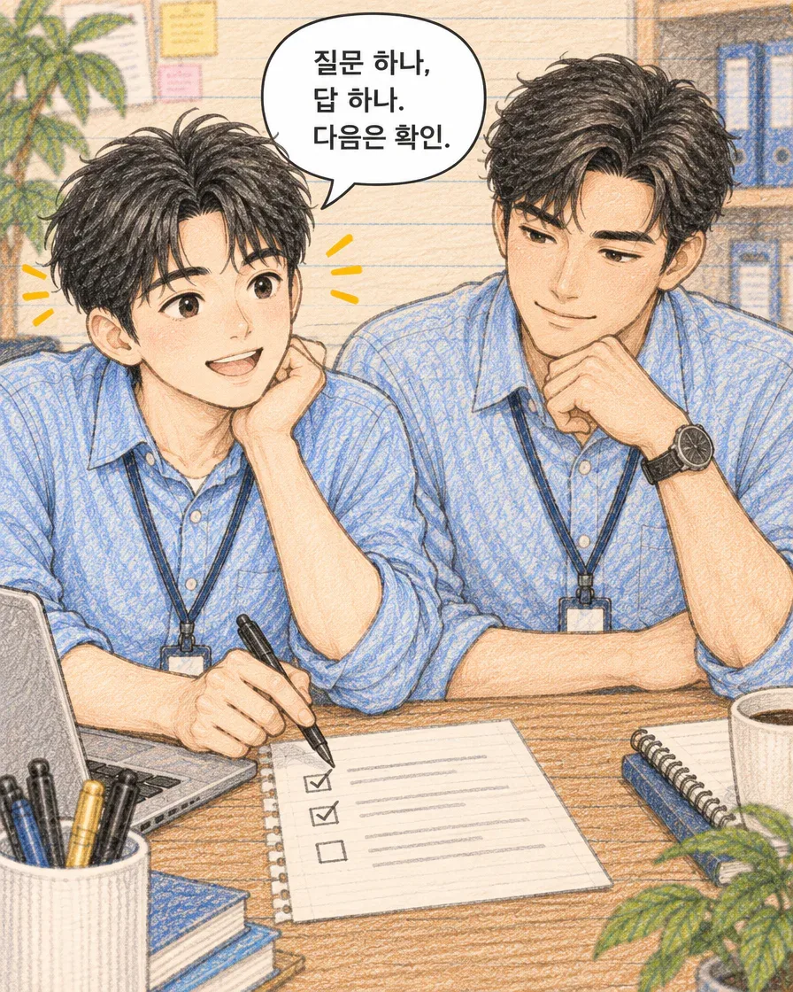 질문 하나와 답 하나를 정리하고 다음은 확인이라고 말하는 마케터와 동료