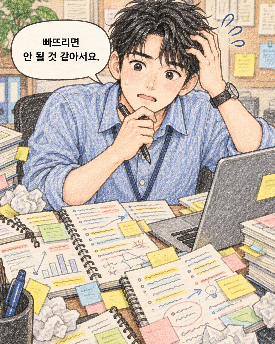 여러 노트와 메모 앞에서 빠뜨리면 안 될 것 같다며 걱정하는 마케터