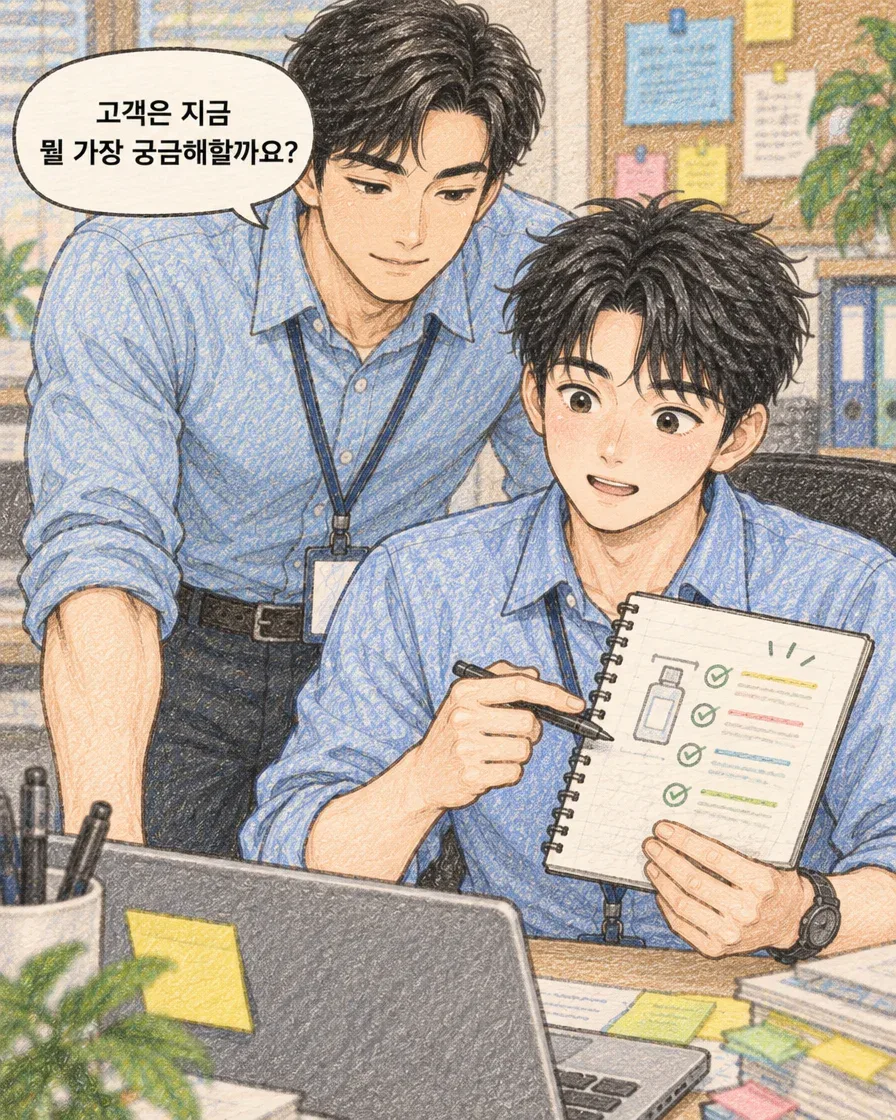 노트를 함께 보는 동료가 고객이 가장 궁금해할 질문을 묻는 장면