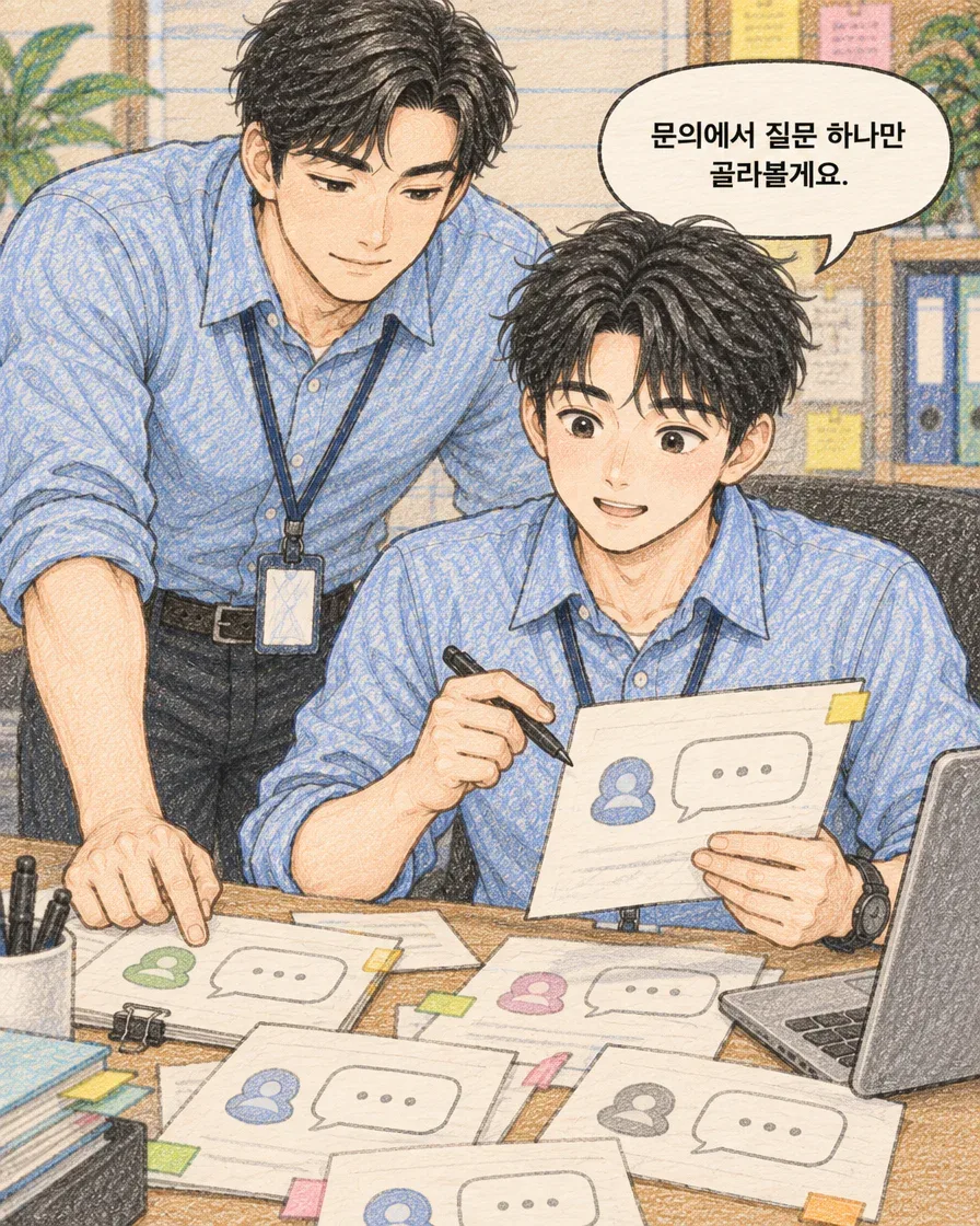 마케터와 동료가 문의 카드를 살피며 질문 하나를 고르는 장면