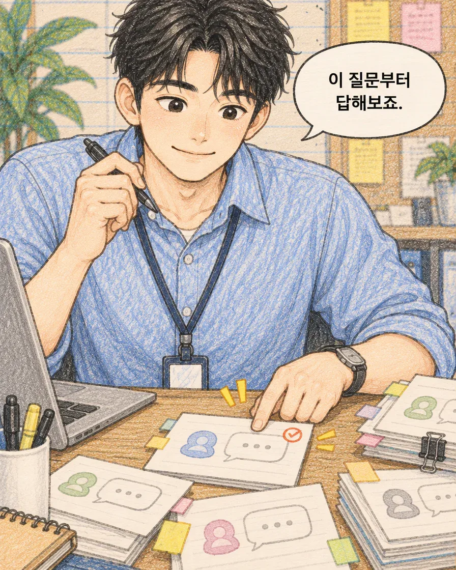 문의 카드 하나를 가리키며 이 질문부터 답해보자고 말하는 마케터