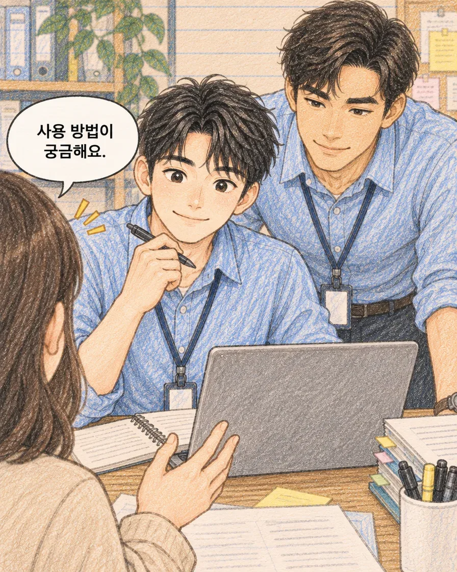 가상 고객이 사용 방법을 묻고 마케터와 동료가 듣는 장면