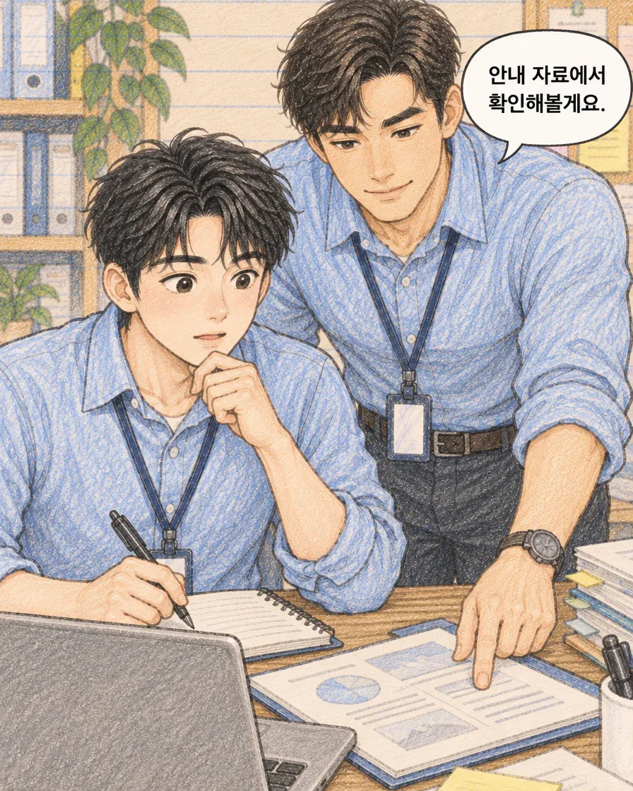 동료가 펼친 안내 자료를 가리키며 확인해보겠다고 말하는 장면