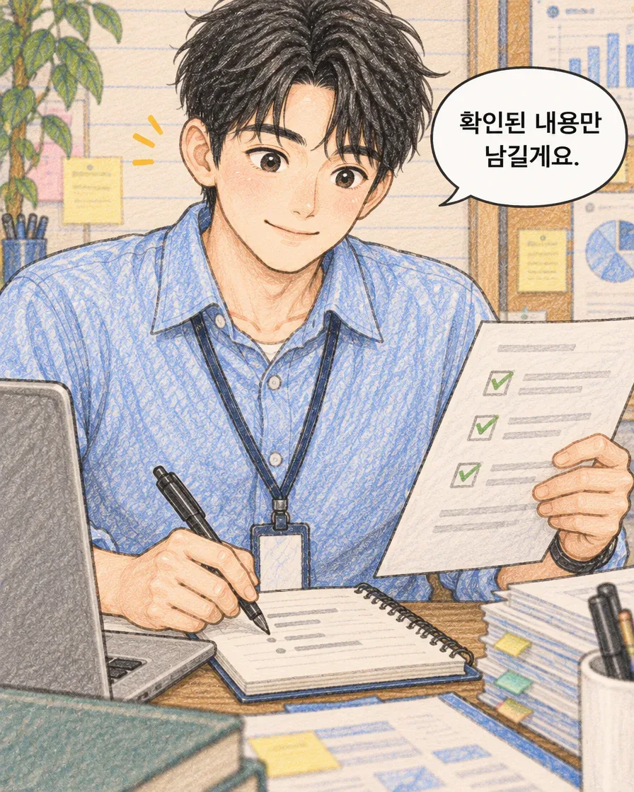 체크 표시가 있는 종이를 보며 확인된 내용만 남기겠다고 말하는 마케터