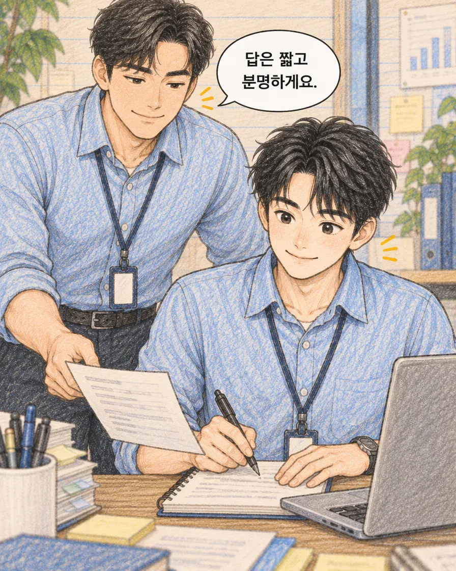 원고를 함께 보며 답은 짧고 분명하게 쓰자고 말하는 동료와 마케터