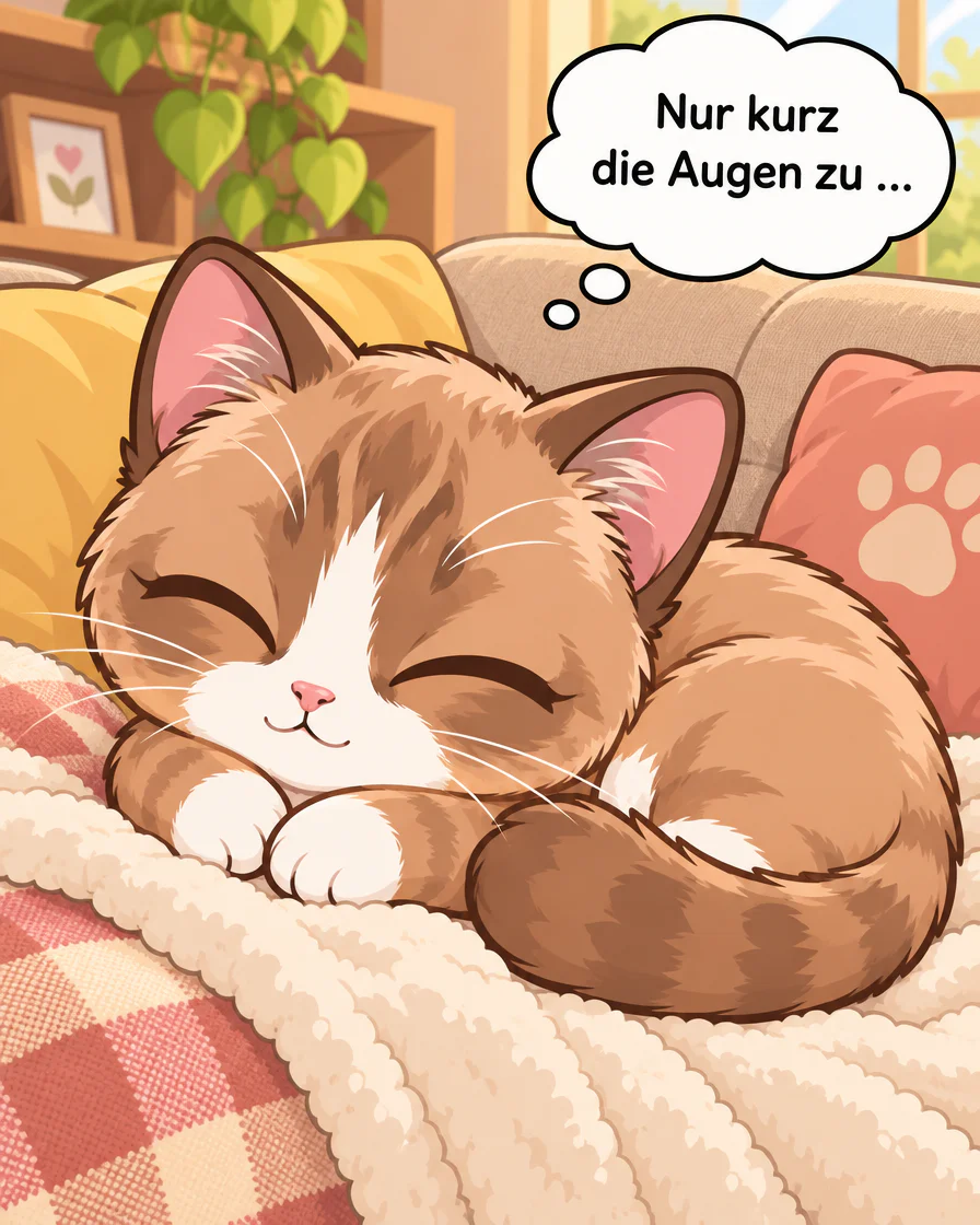 Browny liegt mit geschlossenen Augen und weißen Vorderpfoten auf dem Sofa bei Tageslicht; Gedankenblase Nur kurz die Augen zu ...