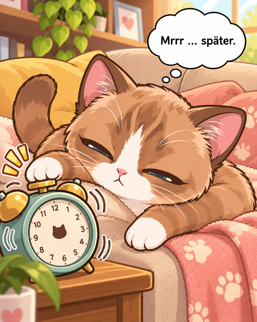 Browny legt eine Vorderpfote an den oberen Knopf eines grünen Weckers; halb geöffnete Augen und Gedankenblase Mrrr ... später.