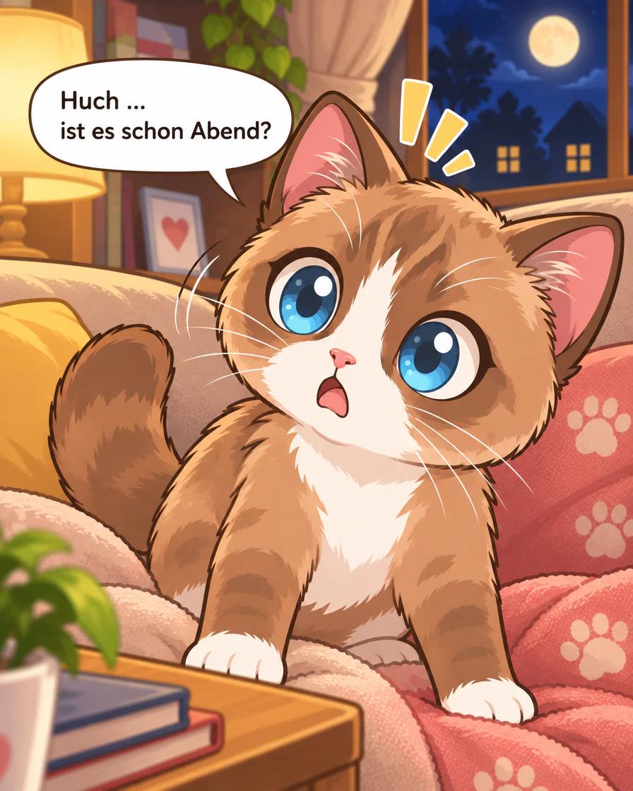 Browny sitzt mit weit geöffneten blauen Augen und offenem Mund auf dem Sofa; Sprechblase Huch ... ist es schon Abend?