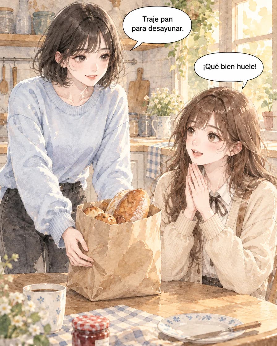 Jiwoo, con pelo negro corto y suéter celeste, presenta una bolsa de pan a Minseo. Dicen “Traje pan para desayunar.” y “¡Qué bien huele!”.