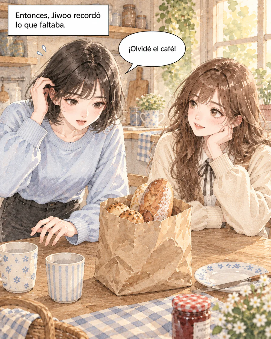Jiwoo se toca la cabeza y dice “¡Olvidé el café!”. Minseo la mira; sobre la mesa hay pan y dos tazas con líquido.