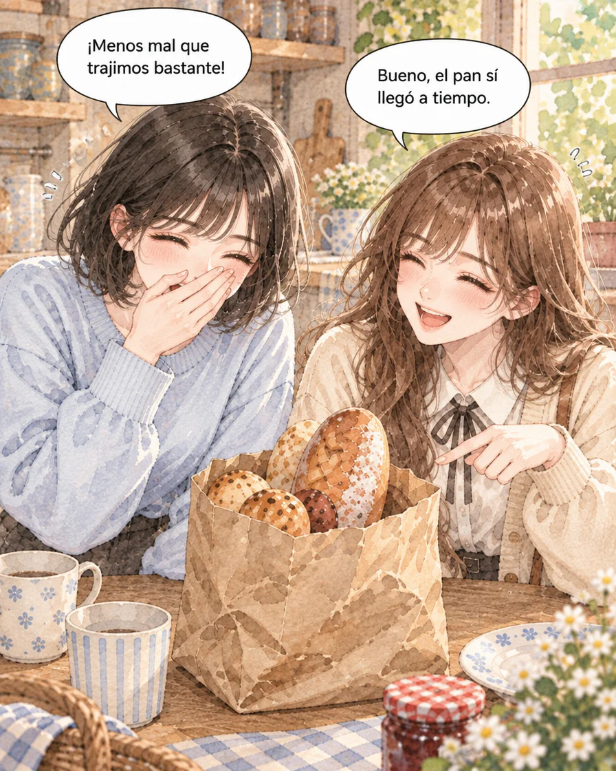 Jiwoo y Minseo ríen frente a la bolsa de pan. Jiwoo se cubre la boca y Minseo señala el pan; sus globos hablan de haber traído bastante y de que el pan llegó a tiempo.
