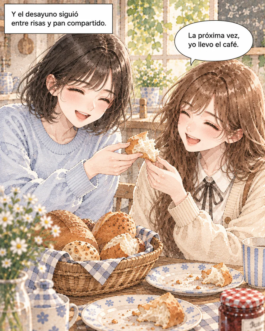 Jiwoo y Minseo sostienen pan y sonríen frente a una canasta. Minseo dice “La próxima vez, yo llevo el café.”; la narración habla de un desayuno entre risas y pan compartido.