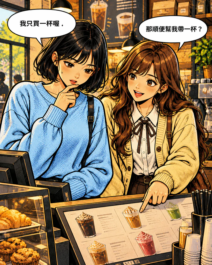 櫃檯前的 Jiwoo 說只買一杯,Minseo 指著菜單請她順便帶一杯。
