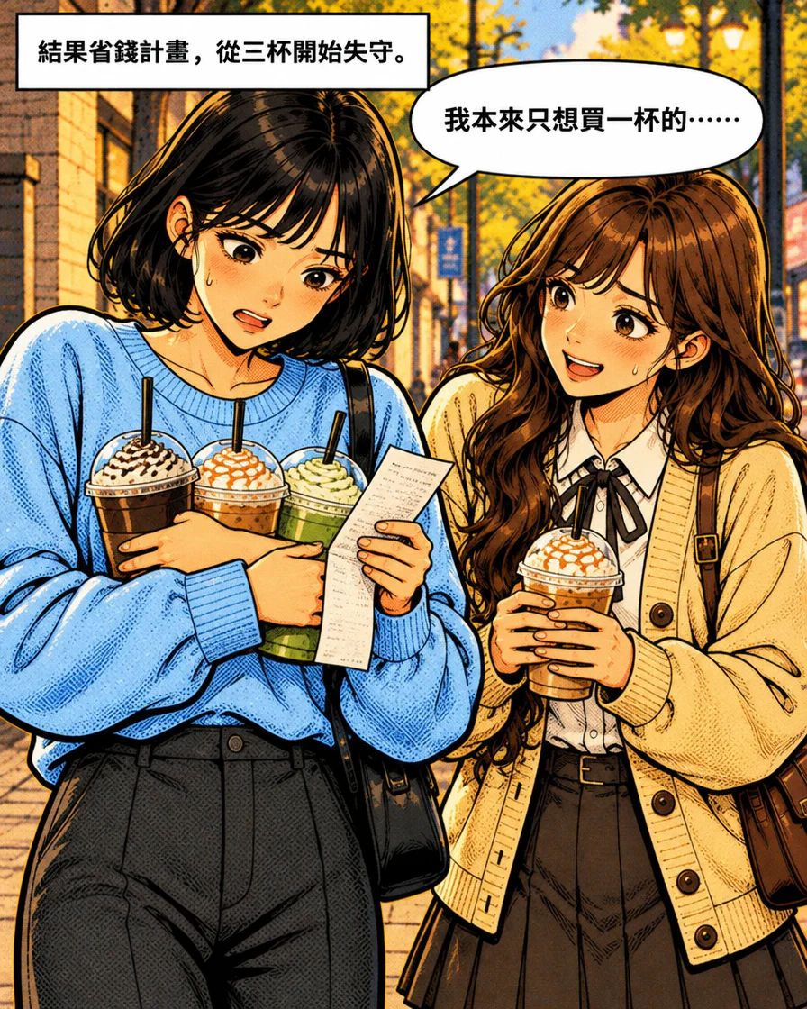 Jiwoo 抱著三杯飲料、拿著收據,說本來只想買一杯;Minseo 旁邊另拿一杯。