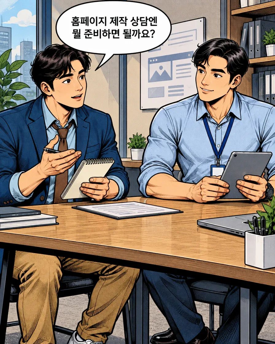 가상 회사의 홈페이지 제작 상담 홍보툰, 4컷 중 1번째