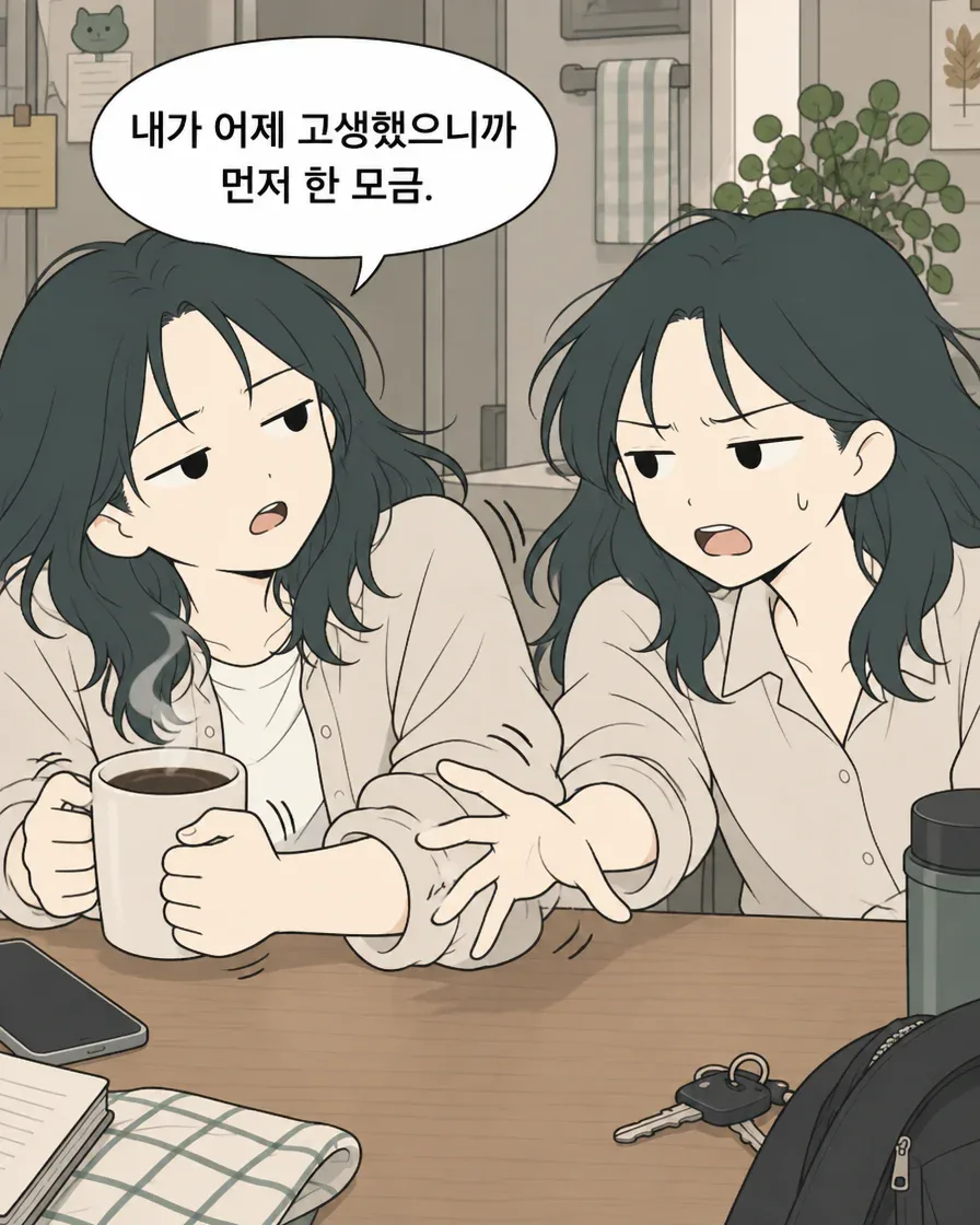 Everyday comic about sharing the last coffee, panel 3 of 12