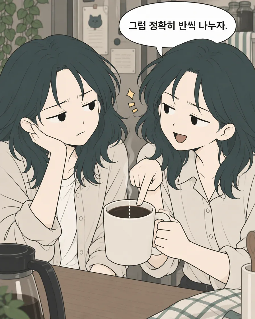 Everyday comic about sharing the last coffee, panel 6 of 12