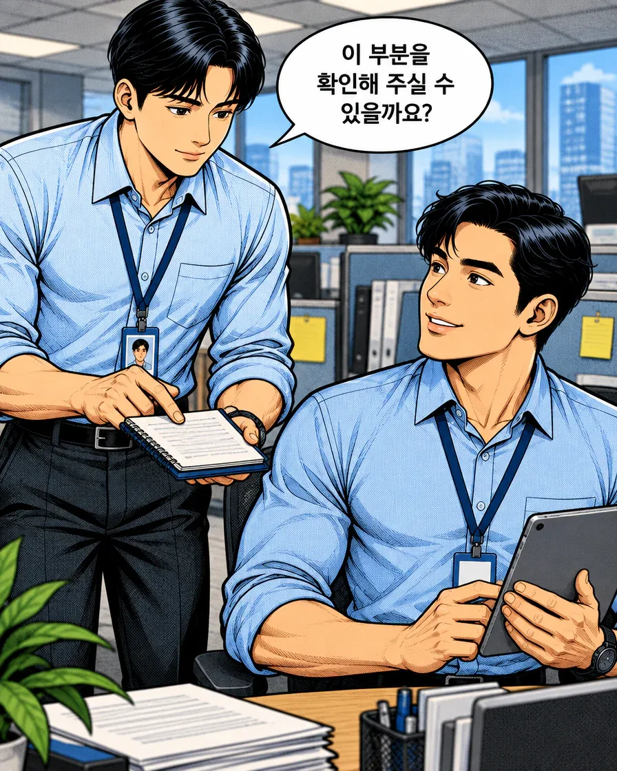 신입사원이 노트의 한 부분을 가리키며 담당자에게 확인을 부탁한다.