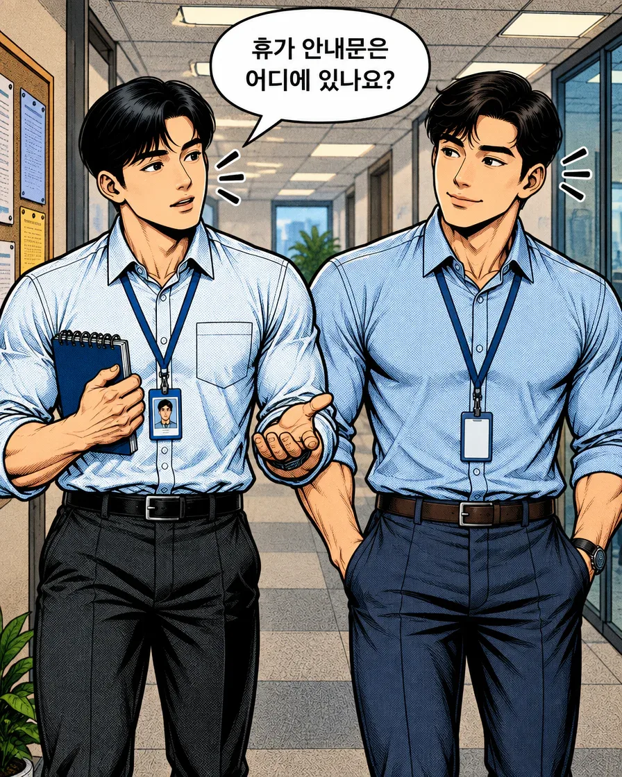신입사원이 노트를 든 채 동료에게 휴가 안내문의 위치를 묻는다.