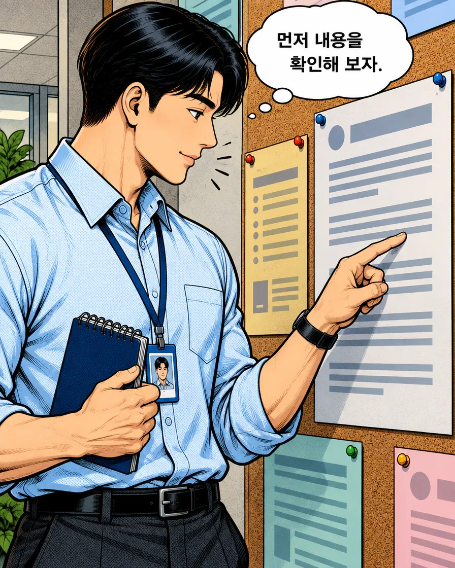 신입사원이 안내문의 한 부분을 가리키며 내용을 확인한다.