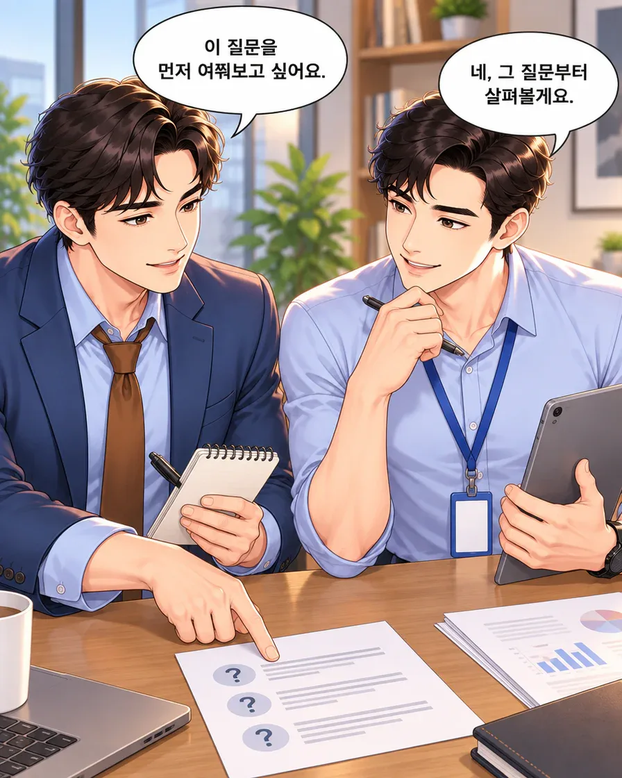 방문자가 질문이 표시된 종이를 가리키며 먼저 묻고 싶은 점을 담당자에게 전한다.