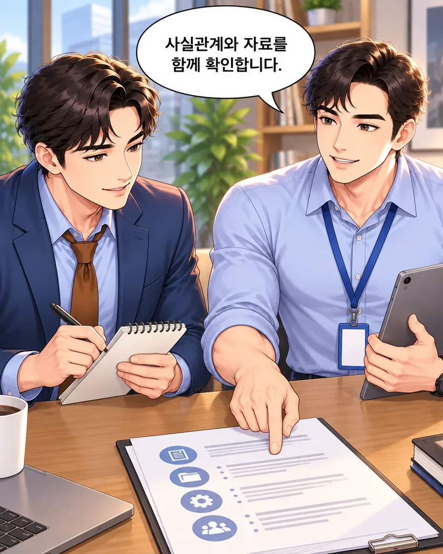 담당자가 안내 문서의 항목을 짚고 방문자는 노트에 적는다.