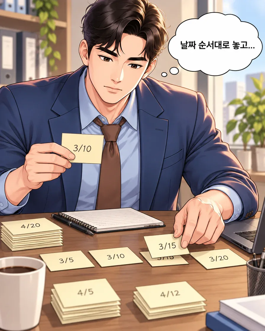방문자가 날짜를 적은 메모를 들고 책상에 펼친 다른 날짜 메모를 가리킨다.
