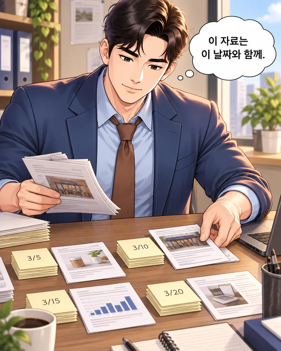 방문자가 날짜 메모 옆에 사진과 표가 있는 자료를 나란히 놓는다.