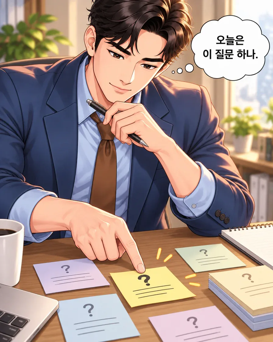방문자가 여러 질문 메모 중 노란 메모 하나를 가리키며 오늘 묻고 싶은 질문을 고른다.