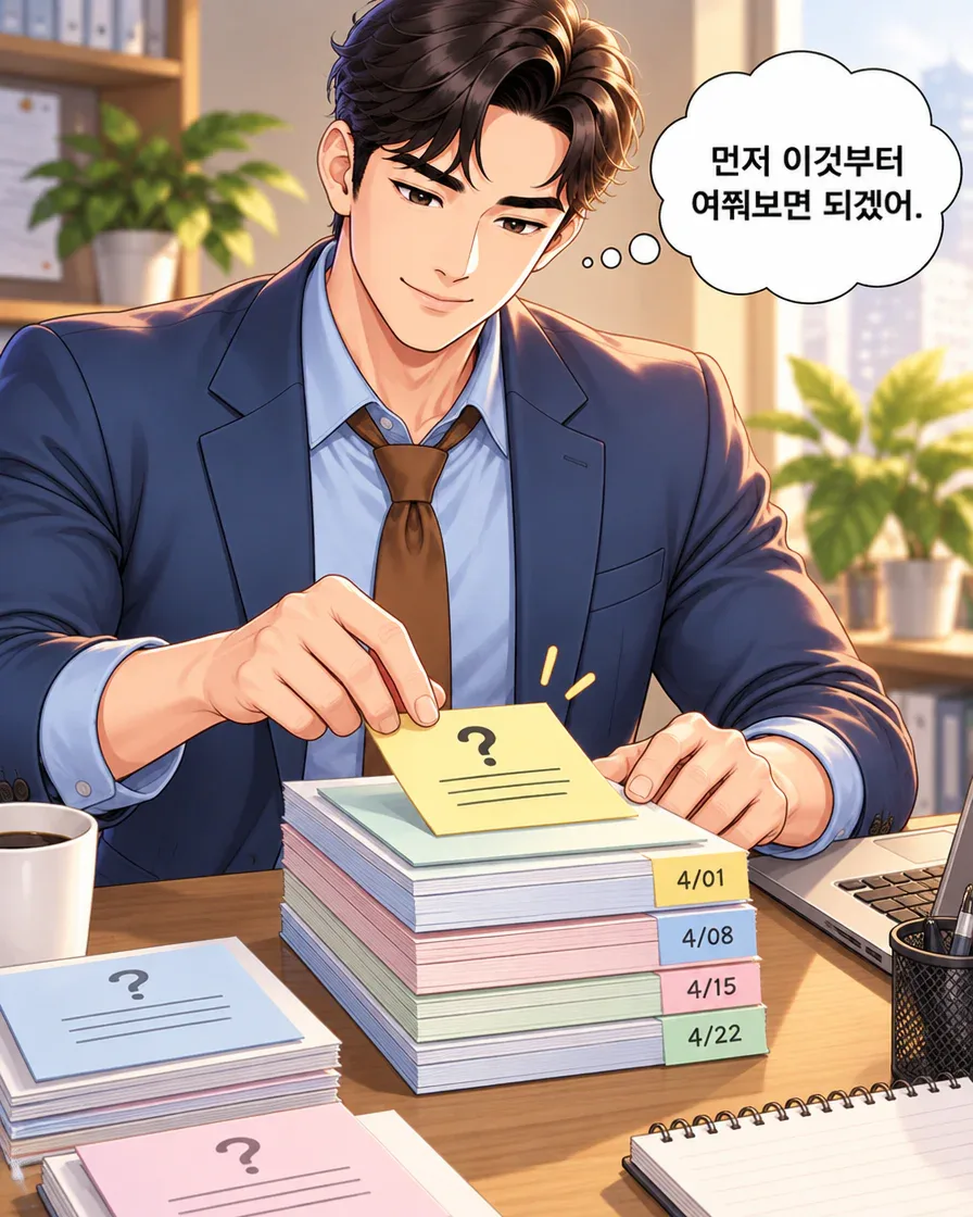 방문자가 선택한 질문 메모를 준비한 자료 묶음 위에 놓는다.