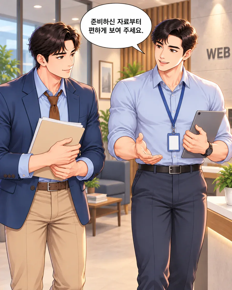 방문자가 자료를 들고 담당자와 마주 서고, 담당자는 자료부터 보여 달라고 안내한다.