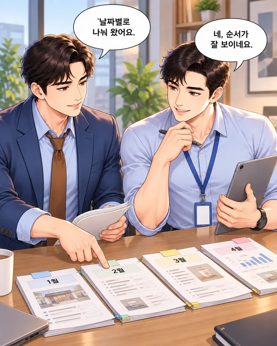 방문자가 월별로 표시된 자료 묶음을 펼쳐 가리키고 담당자가 순서를 확인한다.