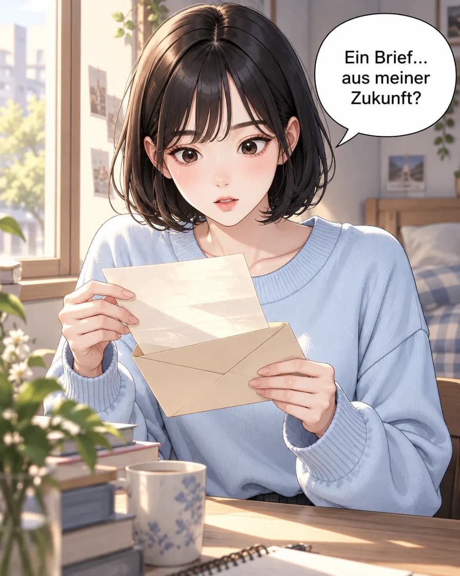 Deutsches GenToon-Webtoon, Panel 1 von 12: Ein Brief… aus meiner Zukunft?