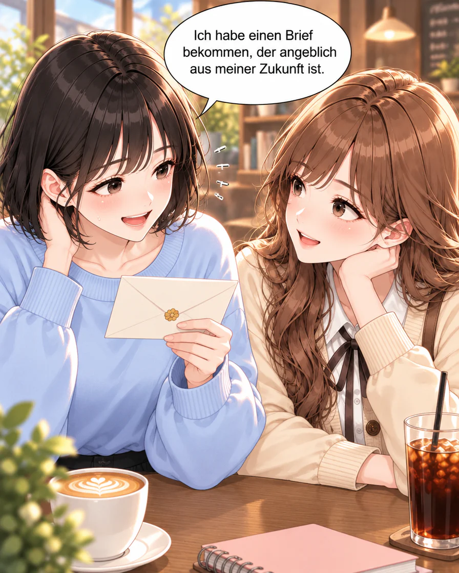 Deutsches GenToon-Webtoon, Panel 10 von 12: Ich habe einen Brief bekommen, der angeblich aus meiner Zukunft ist.