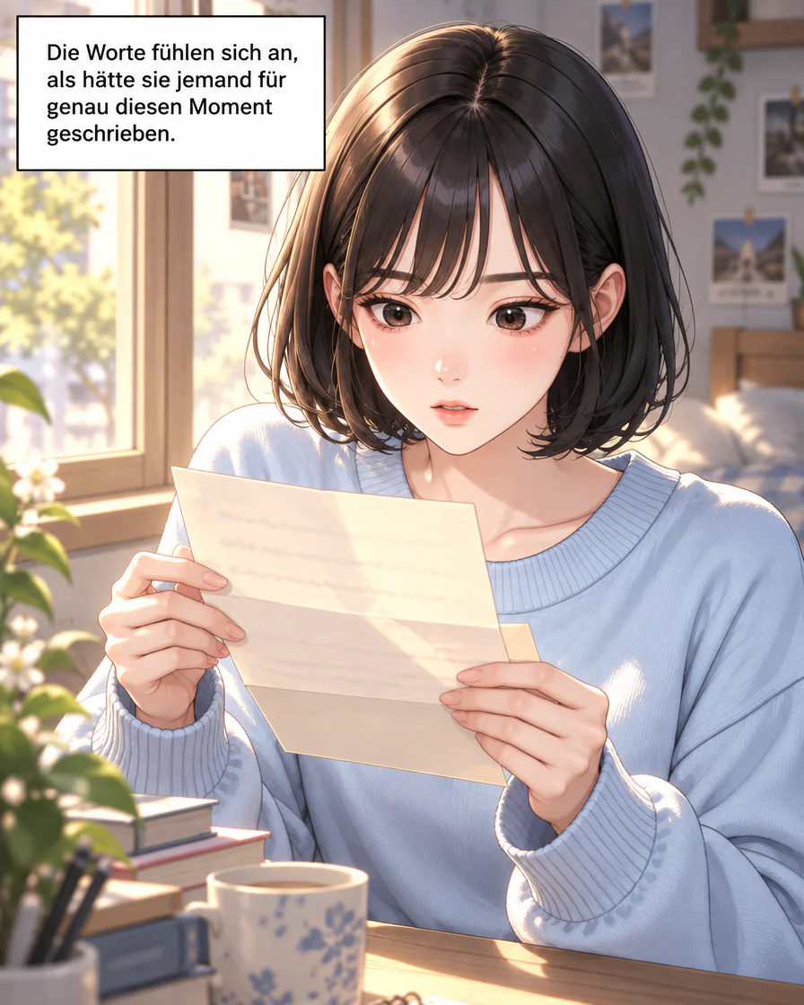 Deutsches GenToon-Webtoon, Panel 2 von 12: Die Worte fühlen sich an, als hätte sie jemand für genau diesen Moment geschrieben.