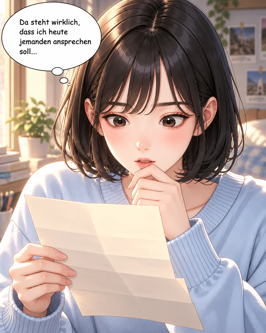 Deutsches GenToon-Webtoon, Panel 3 von 12: Da steht wirklich, dass ich heute jemanden ansprechen soll…