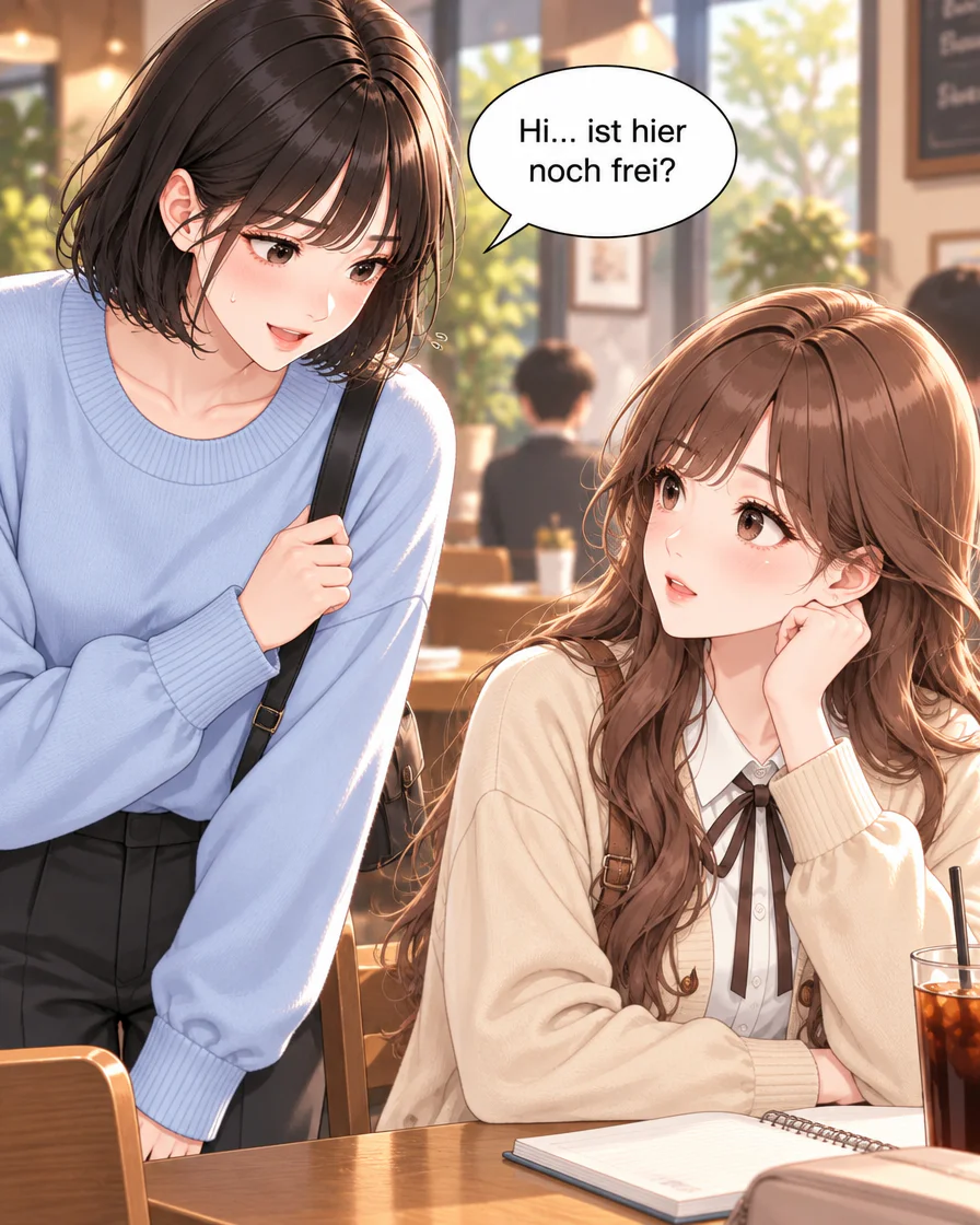 Deutsches GenToon-Webtoon, Panel 6 von 12: Hi… ist hier noch frei?
