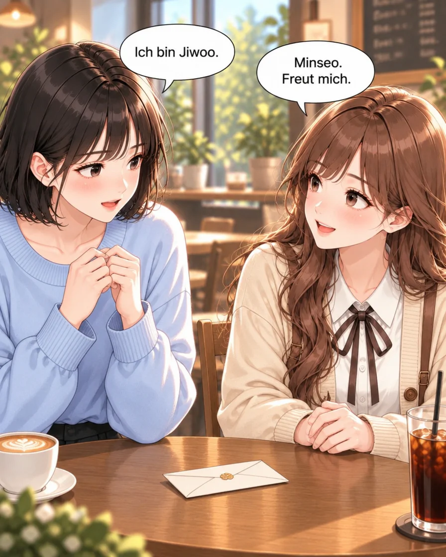 Deutsches GenToon-Webtoon, Panel 8 von 12: Ich bin Jiwoo. / Minseo. Freut mich.