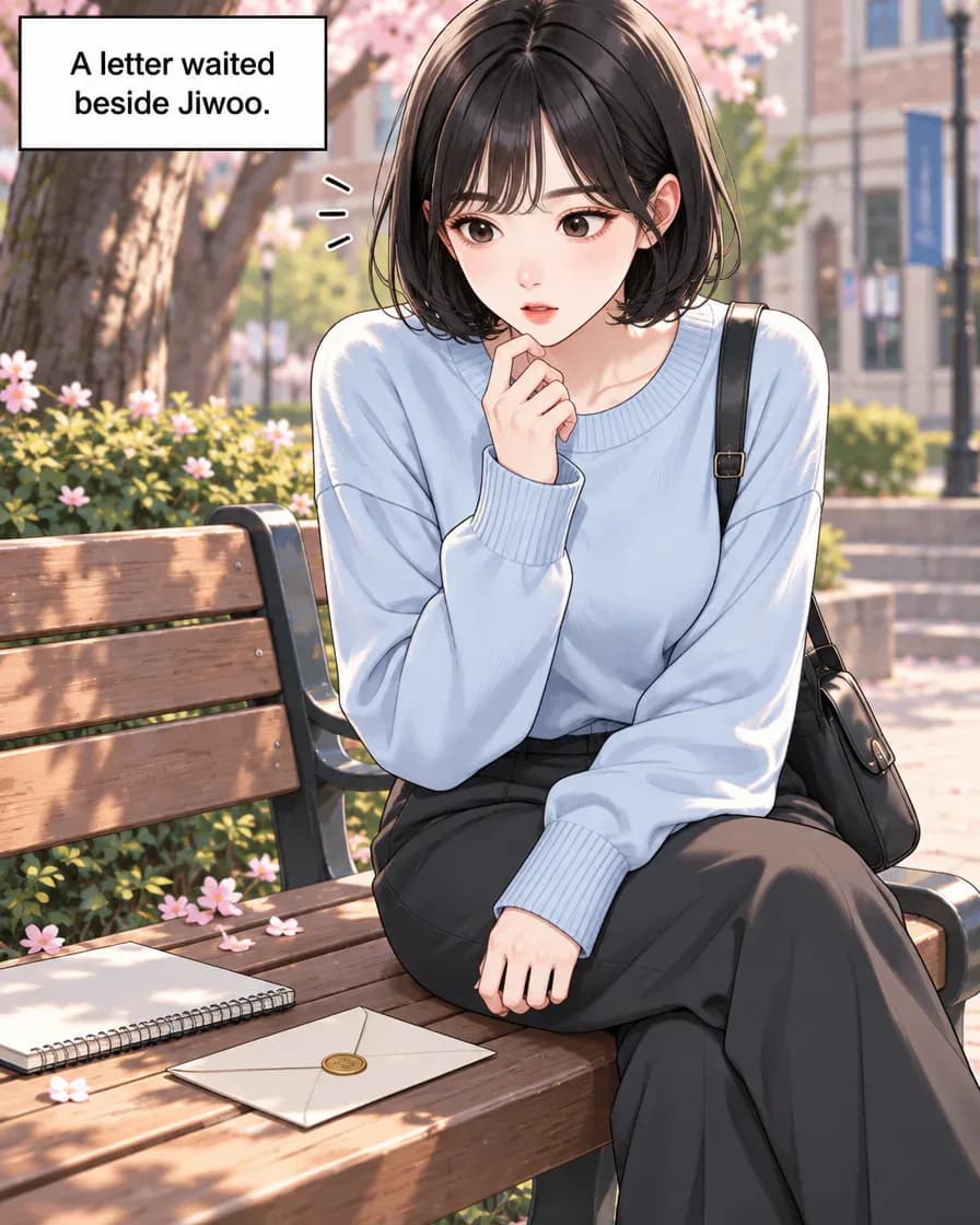In a calm courtyard, Jiwoo spots a sealed letter beside her notebook.