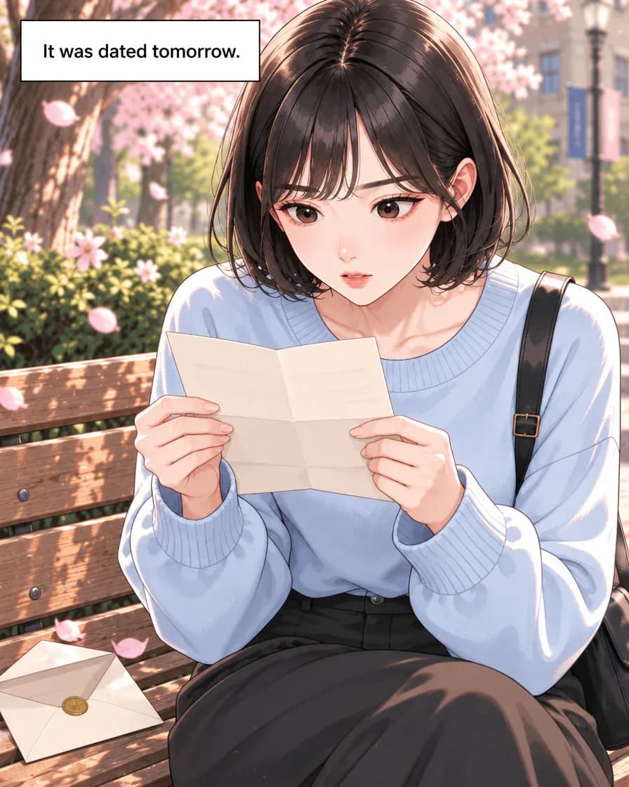 Over Jiwoo’s shoulder, she unfolds the note without revealing its writing.
