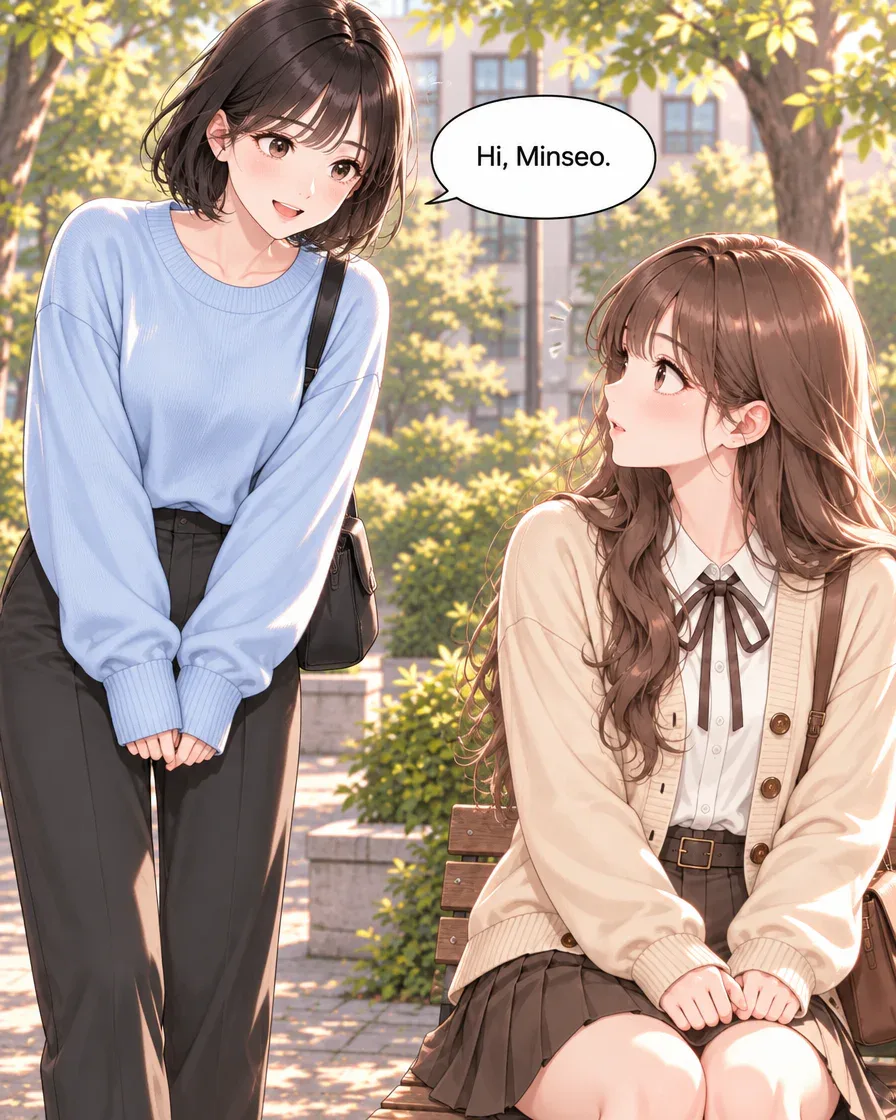Jiwoo gives Minseo a shy smile and says hello beside the courtyard bench.