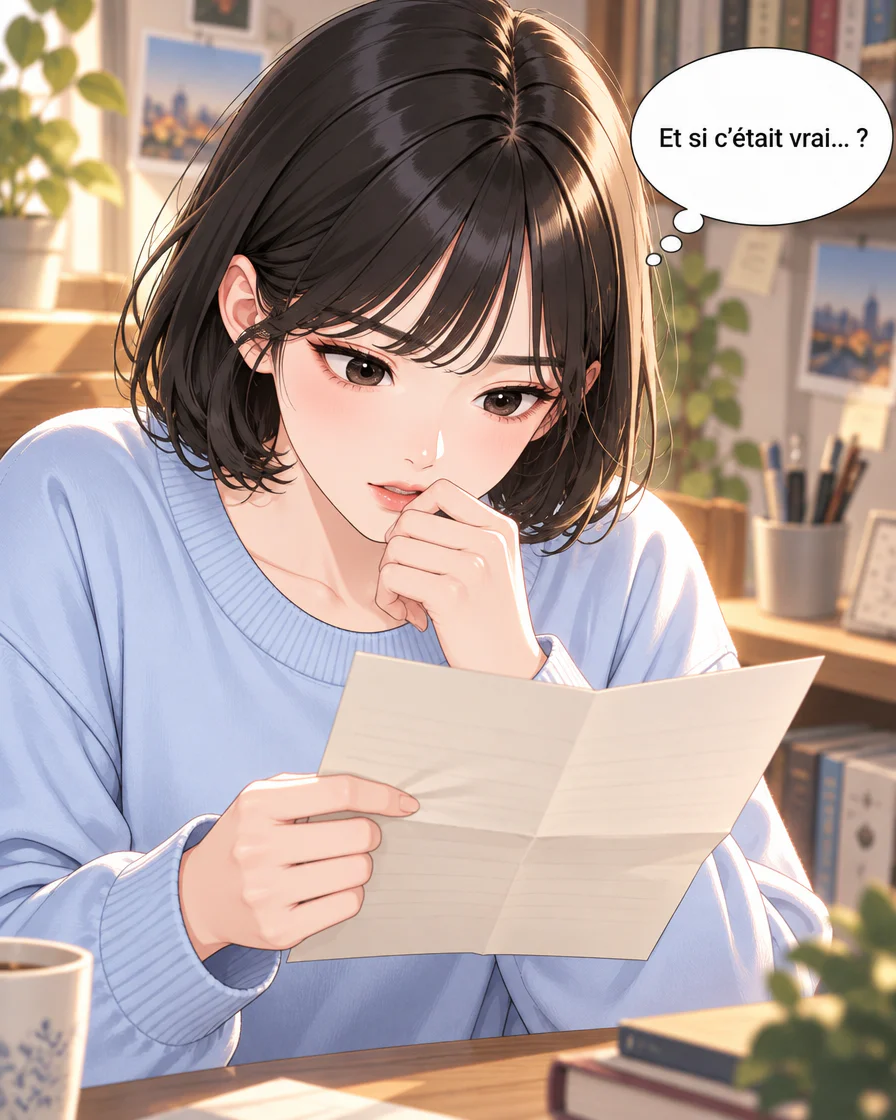 Jiwoo regarde la lettre avec hésitation et se demande si elle vient vraiment du futur.