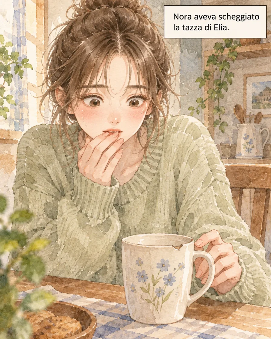 Nora, con un maglione verde, guarda una tazza scheggiata e si porta una mano alla bocca.