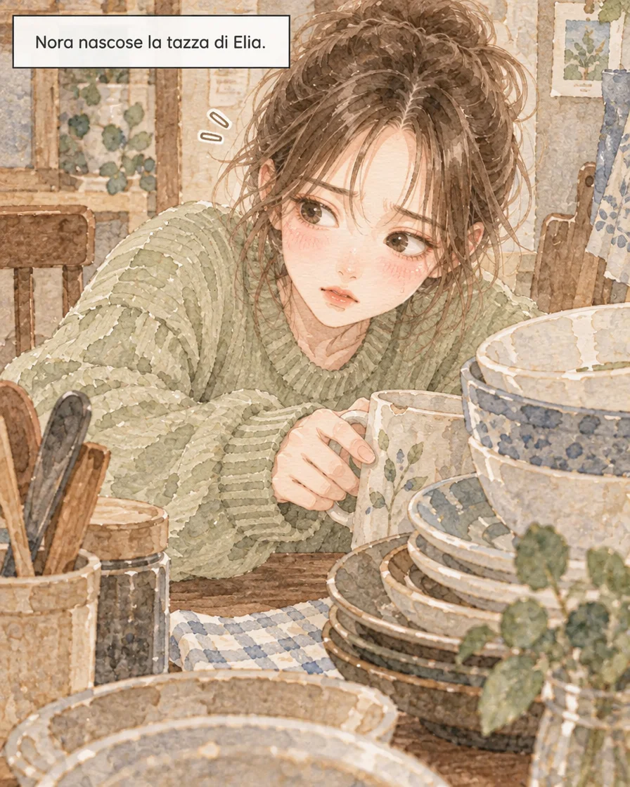 Nora tiene la tazza dietro una pila di piatti e guarda di lato.