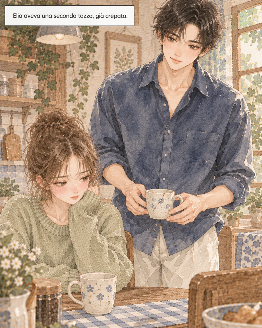 Elia, in camicia blu, tiene una seconda tazza con una crepa verticale; Nora è seduta accanto.