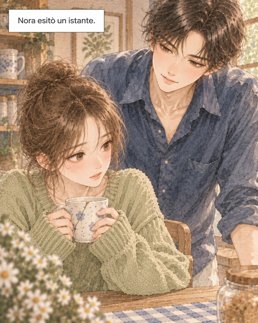 Nora tiene una tazza con entrambe le mani e guarda Elia; la didascalia descrive la sua esitazione.