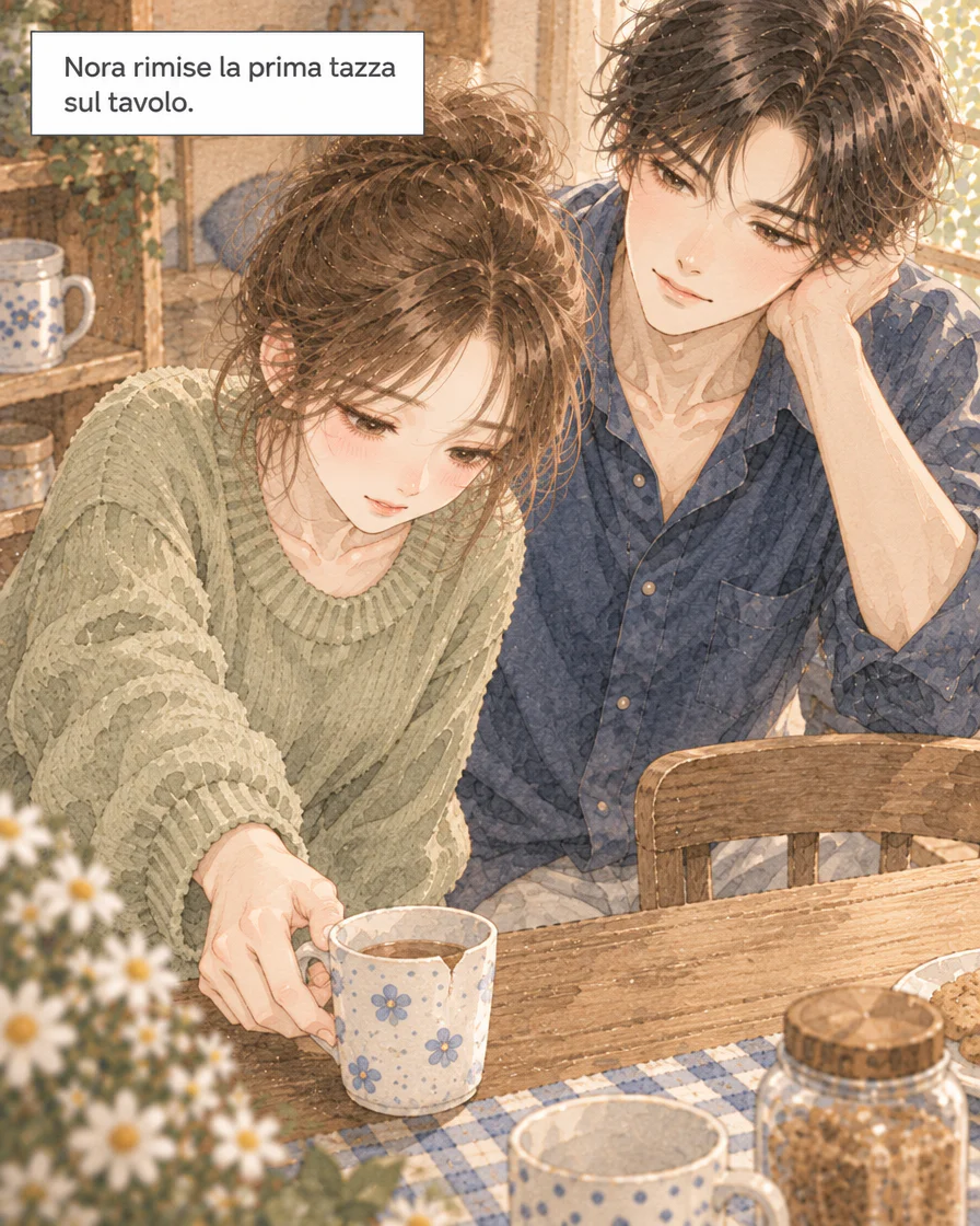 La mano di Nora accompagna una tazza sul tavolo accanto a Elia.